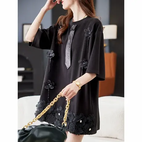 宝诗黎中长款钉珠领带拼接T恤2025夏季设计感洋气宽松慵懒上衣女图片