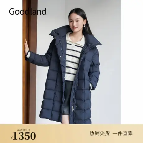 Goodland美地女装2024冬季新款中长款连帽保暖白鸭绒羽绒服商品大图