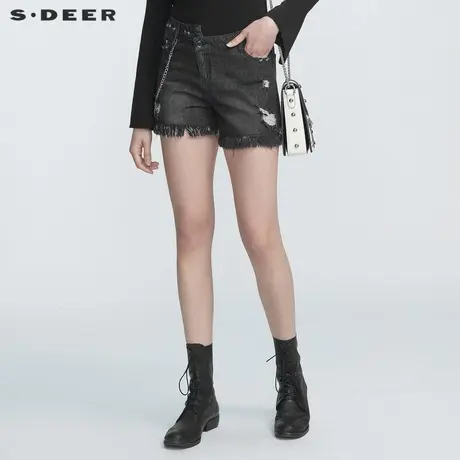sdeer圣迪奥女装时尚破洞毛边链条不规则短裤S21280904商品大图
