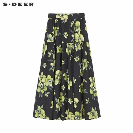 sdeer圣迪奥女装复古印花碎褶不规则A字伞裙S233Z1151商品大图