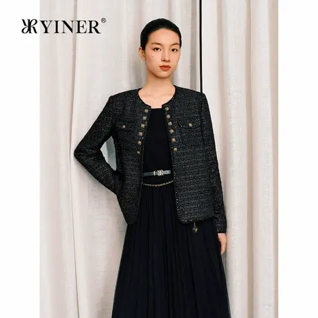 YINER音儿秋季法式小香风星光闪丝花纱优雅圆领短外套图片