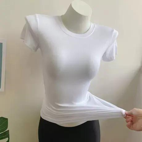 敲柔软凉快的莫代尔短袖T恤女高弹力亲肤紧身显胸圆领上衣白色夏图片
