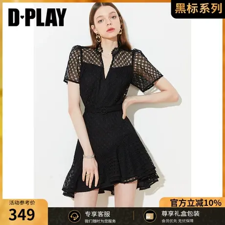 DPLAY【黑标】夏新法式镂空V领蕾丝系带不对称鱼尾小黑裙商品大图