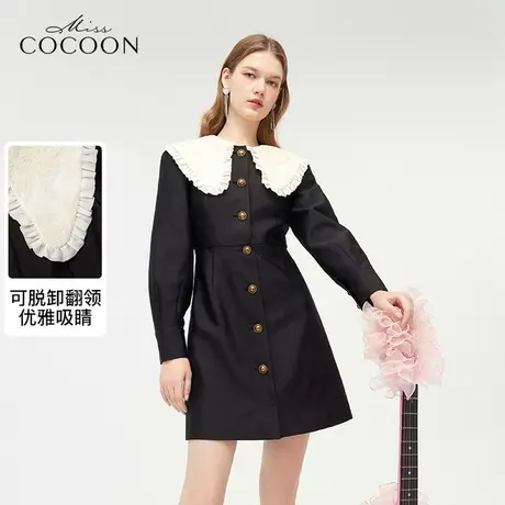 missCOCOON气质裙子2023秋装新款女装复古撞色大翻领绣花连衣裙图片