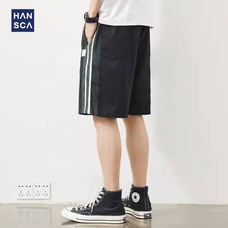 汉斯卡宽松大码运动短裤男夏季薄款加肥加大条纹休闲直筒五分中裤商品大图