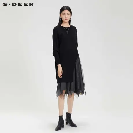 sdeer圣迪奥女装圆领网纱针织两件套吊带连衣裙S221Z1253商品大图