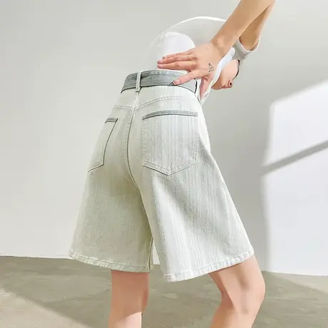 浅灰色撞色牛仔短裤女夏季薄款高腰a字宽松显瘦腰带五分阔腿中裤商品大图
