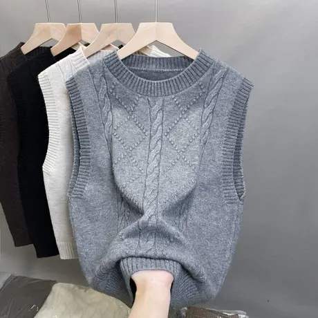 针织马甲毛衣背心女2024新款圆领宽松外搭无袖叠穿百搭背心上衣图片