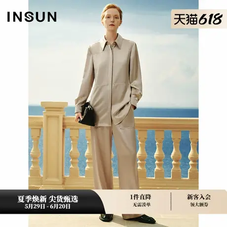 INSUN恩裳专选春季老钱风一字腰醋酸宽松直筒裤商品大图