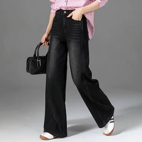 黑色阔腿牛仔裤女2025新款春秋高腰拖地裤直筒裤显瘦梨型身材裤子图片