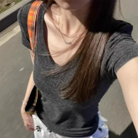 纯欲性感V领露锁骨短袖T恤女夏季韩版修身打底衫chic甜辣上衣半袖商品大图