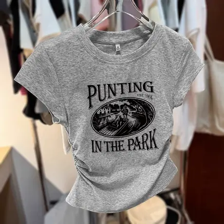 美式复古短款T恤2024新款收腰大码设计感上衣ins小众修身夏季短袖图片