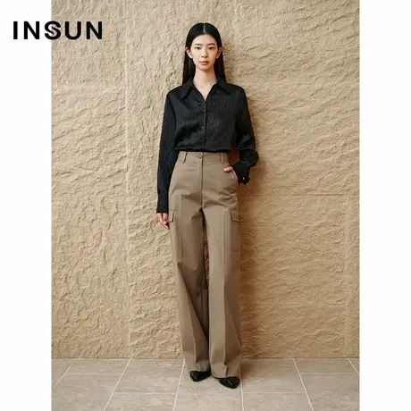 INSUN恩裳秋季雅丹老钱风棉质斜纹工装阔腿裤商品大图