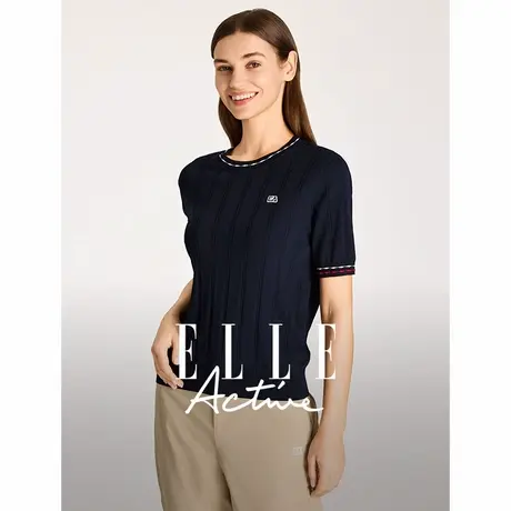 【新品试用】ELLE Active女短袖针织衫新款提花套头衫气质上衣图片