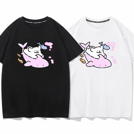 秀洛联名小狗鲨鱼打底衫情侣装夏季短袖T恤女纯棉休闲通用夏衣服图片