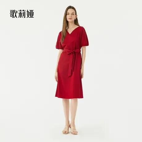 歌莉娅红色短袖连衣裙夏装女订婚礼服裙子高级感小红裙1A6R4KAE0商品大图
