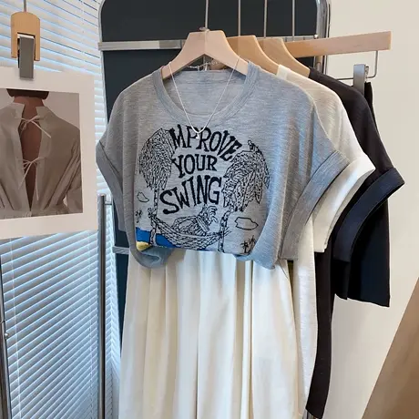 圆领提花针织衫女2025夏装新款宽松慵懒风落肩上衣薄短袖t恤衫潮图片