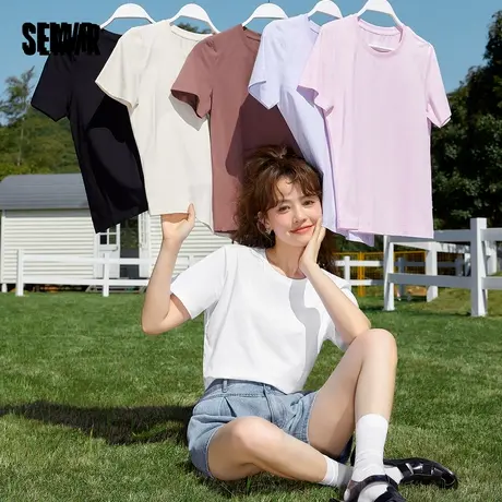 森马短袖T恤女基础纯色圆领修身打底衫夏季正肩简约白色上衣百搭图片