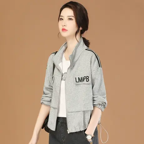 韩潮袭人立领刺绣长袖灰色卫衣外套女2023秋季新款拼接百搭上衣图片