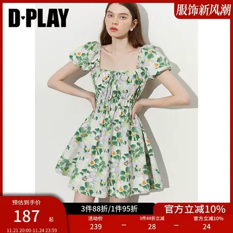 DPLAY夏新少女感小个子度假风莫奈花园方领泡泡袖印花连衣裙图片