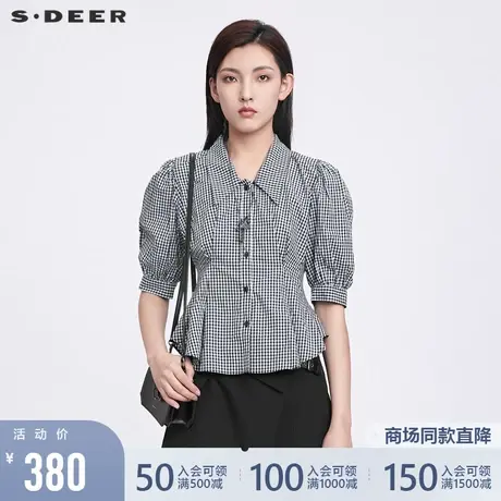 sdeer圣迪奥22新品翻领撞色格纹压褶少女通勤中袖衬衫女S22280431🚣商品大图