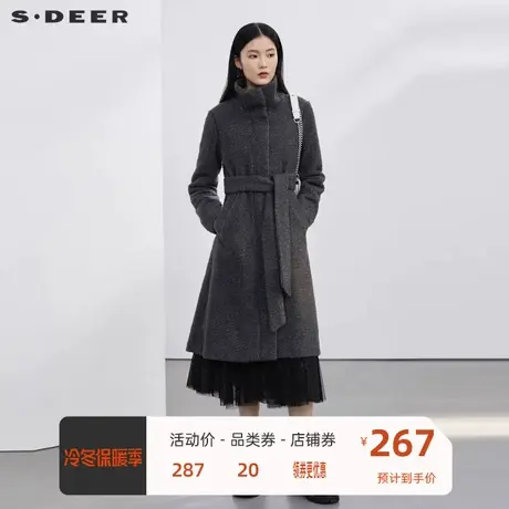 sdeer圣迪奥女装立领收腰仿羊羔绒长款大衣S223Z1856图片