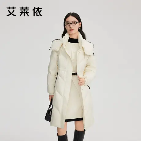 艾莱依新款羽绒服撞色拼接鸭绒保暖连帽长款大衣设计感女装外套商品大图