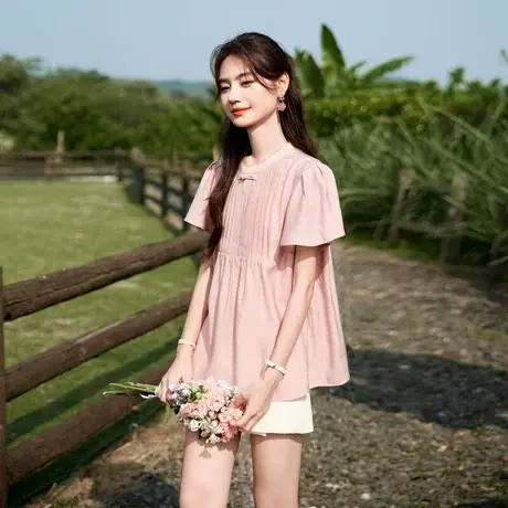 时尚气质衬衫2024年夏季女新款可爱宽松喇叭袖减龄甜美宽松短袖T商品大图