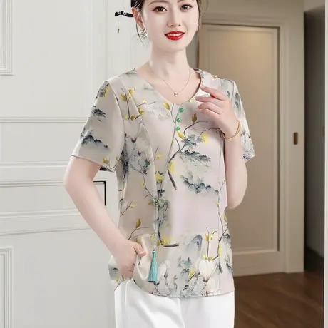 2025夏季新中式国风短袖t恤女时尚新款减龄宽松显瘦洋气妈妈上衣商品大图