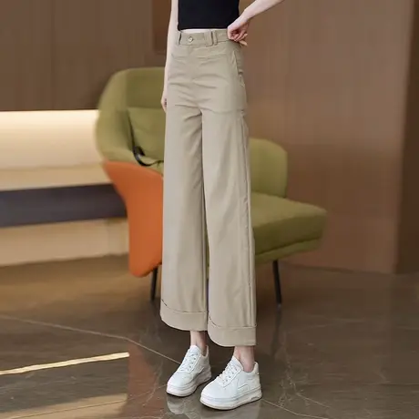 卡其色天丝棉窄版直筒休闲裤女夏季薄款高腰显瘦九分裤卷边阔腿裤商品大图