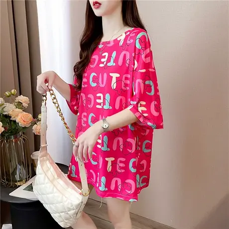 红色字母中长款短袖T恤女2023夏季新款学生欧货大版宽松上衣ins潮商品大图