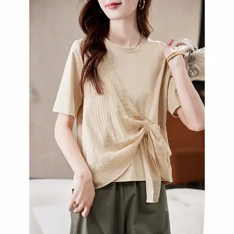 宝诗黎圆领纱布拼接短袖T恤2025夏季设计感洋气减龄百搭休闲女装图片