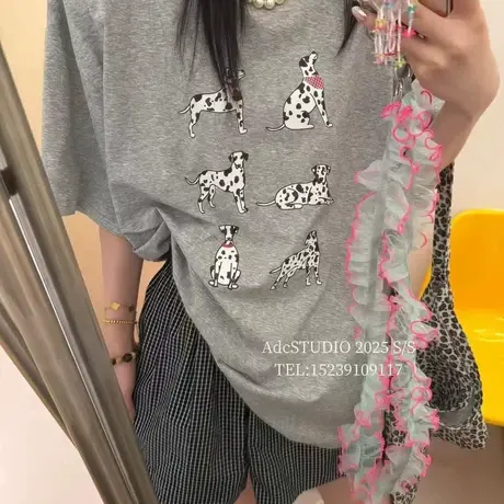 韩国东大门夏季新款宽松显瘦百搭休闲卡通印花垫肩短袖t恤女上衣商品大图