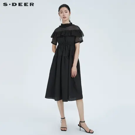sdeer圣迪奥女装木耳边圆领波点收腰短袖连衣裙S22261226商品大图