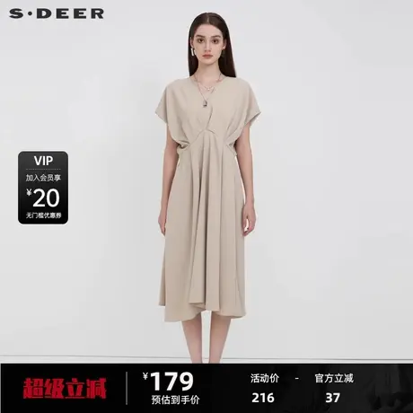 sdeer圣迪奥女装秋优雅V领压褶垂坠无袖连衣裙S223Z12M8商品大图
