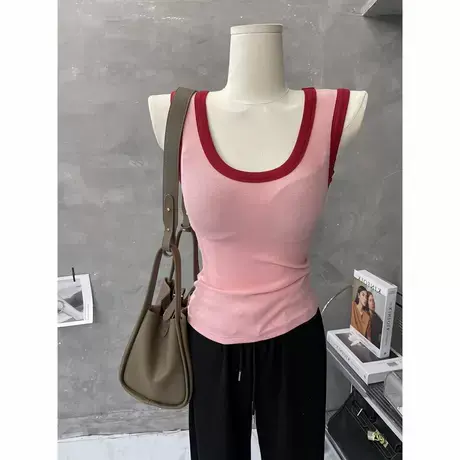 泫雅风～洋气性感拼色无袖背心打底女紧身显瘦上衣外穿内搭吊带夏图片