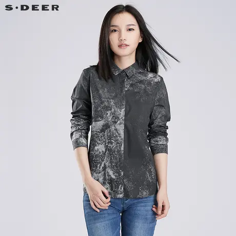 【🧢清仓】🧣sdeer圣迪奥女春斑驳抽象印花长袖衬衫S16380588商品大图