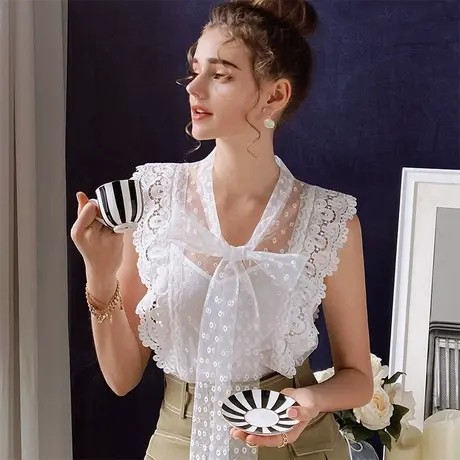 粉红大布娃娃无袖港风衬衫女夏2022新款薄款轻熟法式蝴蝶结上衣图片