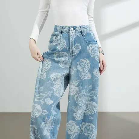 莱赛尔天丝印花阔腿牛仔裤女夏季薄款高腰宽松显瘦垂感拖地直筒裤商品大图