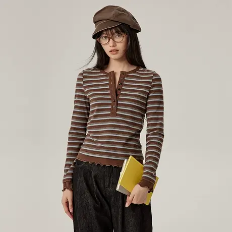 omont蛋挞家 复古亨利领磨毛长袖T恤冬季条纹修身显瘦上衣商品大图