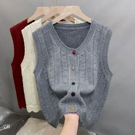 2025春装新款时尚圆领镂空无袖开衫坎肩彩扣花边下摆针织马夹叠穿商品大图