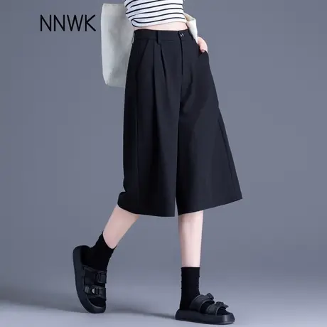 黑色亚麻阔腿裤子女夏薄款2025新款高腰显瘦裙裤七分休闲西装中裤商品大图