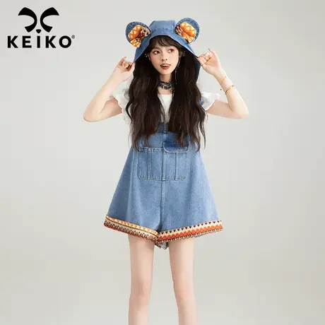 KEIKO [可卸帽] 减龄撞色背带牛仔短裤夏季小个子宽松薄款阔腿裤商品大图
