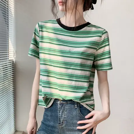 美式复古撞色条纹圆领短袖t恤女2025年春夏新款宽松休闲正肩上衣图片