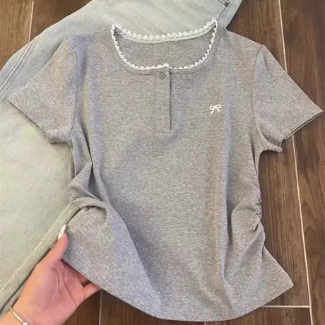 辣妹褶皱收腰短袖T恤女夏季韩版修身内搭打底衫短款蕾丝花边上衣商品大图