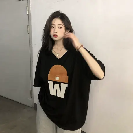 黑色大码oversize宽松夏季T恤女V领显瘦复古潮牌上衣ins纯棉短袖商品大图