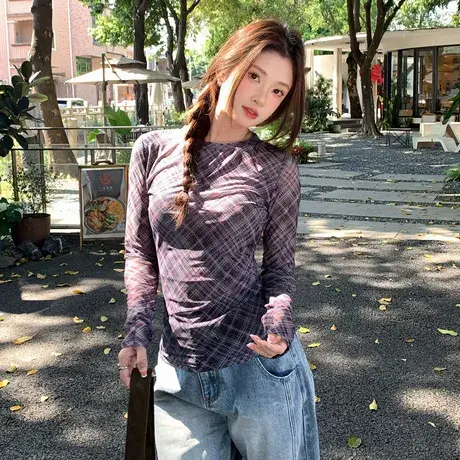 尔给格子网纱修身显瘦长袖T恤女夏新款显瘦上衣女薄款图片