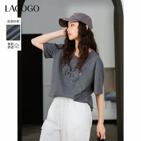 LAGOGO灰色珠片爱心字母短袖T恤女拉谷谷2025年春夏新款圆领上衣图片