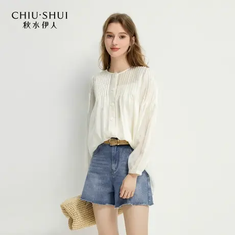 秋水伊人A型经典圆领衬衫2025春季新款女休闲灯笼袖纽扣门襟上衣商品大图
