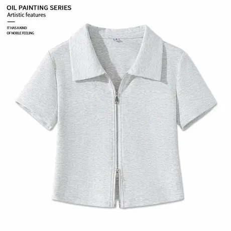 KWV真维斯正肩短袖t恤女2025新款流行拉链polo设计感短款上衣女商品大图